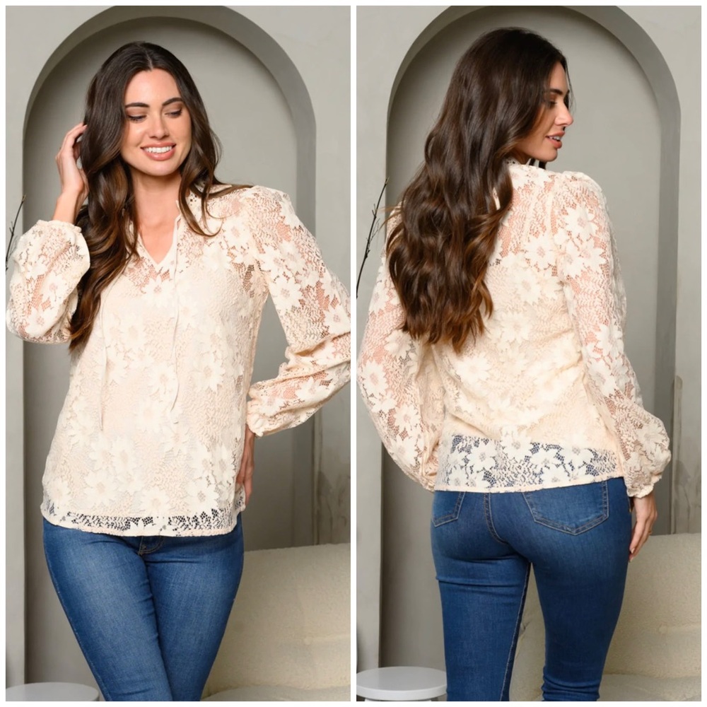 Sugar+Lips Cream Floral Lace Long Sleeves Blouse - Picture 4 of 6
